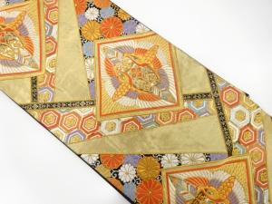 菱に向かい鶴・菊唐草模様織り出し袋帯